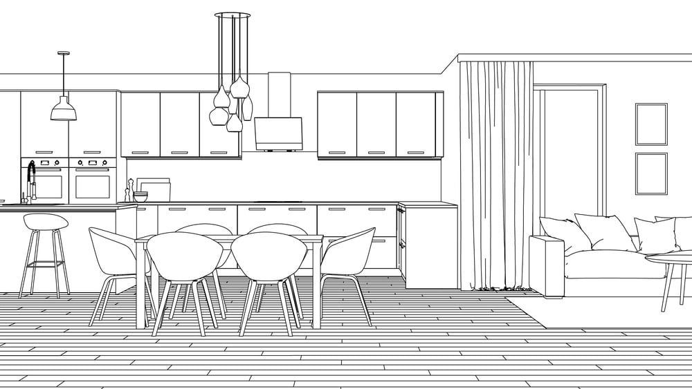 Modern house interior. Design project. Sketch. 3D rendering.